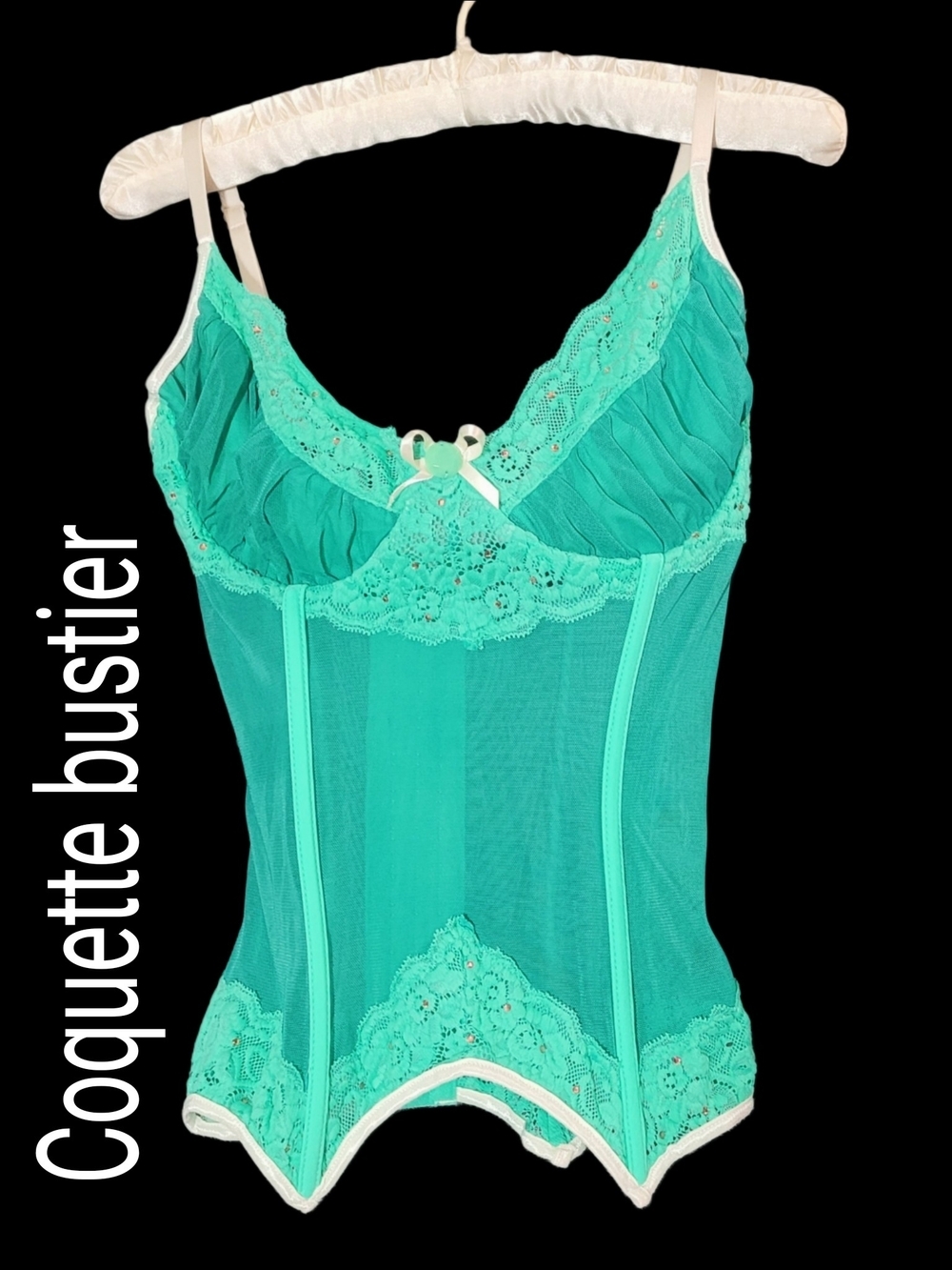 Vintage Coquette Teal Lace & Rhinestone Accent Ruched Bust Bustier